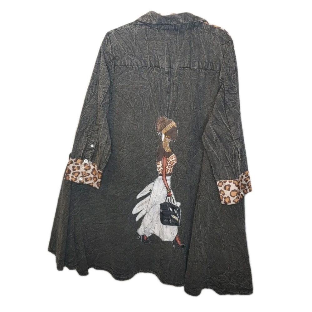 Step In Style Lagenlook Shirt Dress Woman Charcoal Gray Button Artsy Duster Nwt